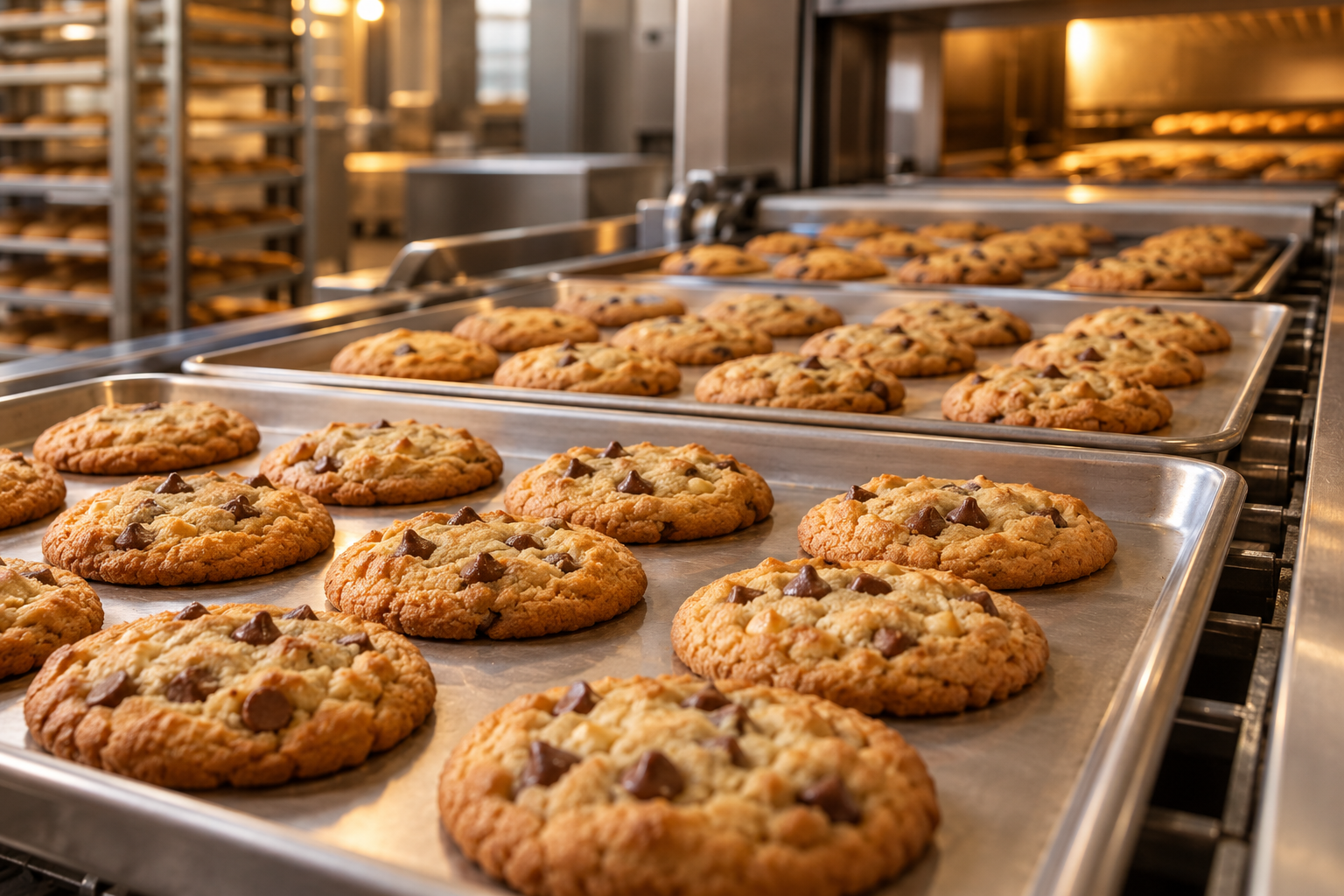 Illustrative baking scene with freshly baked cookies on a clean production line