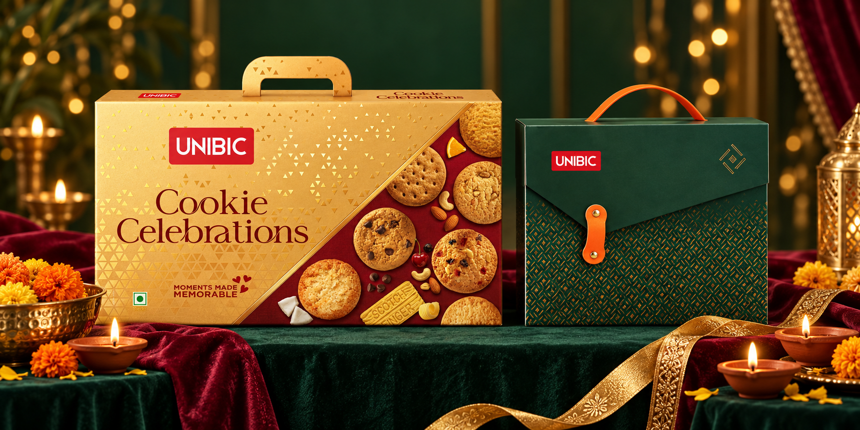 UNIBIC Cookie Celebrations and a festive gift hamper, with diyas and marigolds