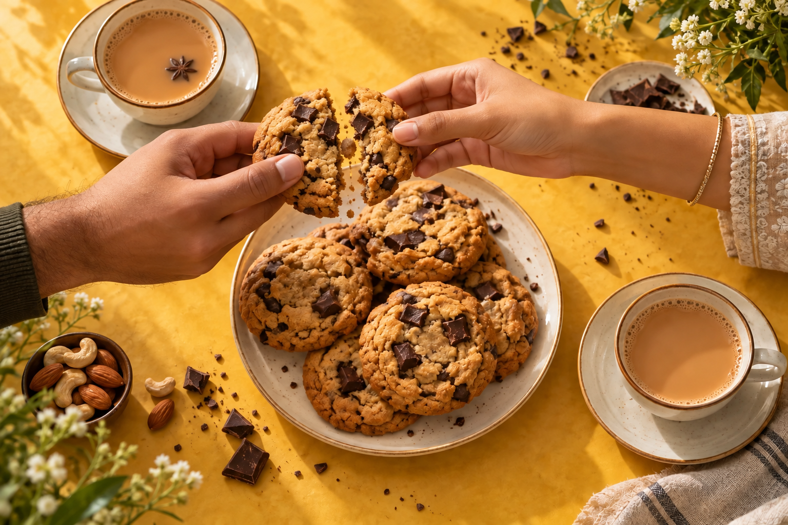 The cookie breaks between their hands